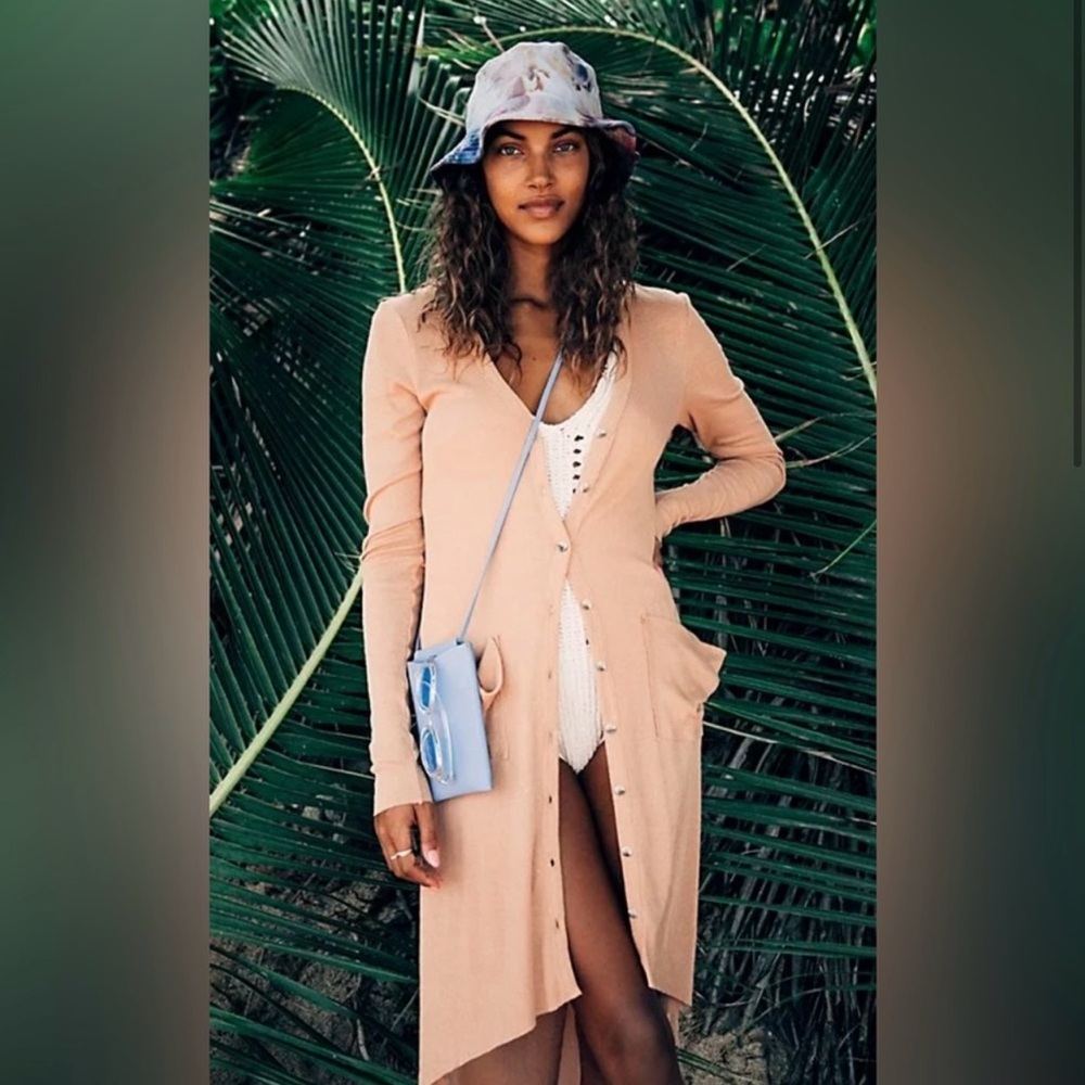 Free People Beach Maxi Ribbed Cardigan in Peach- M